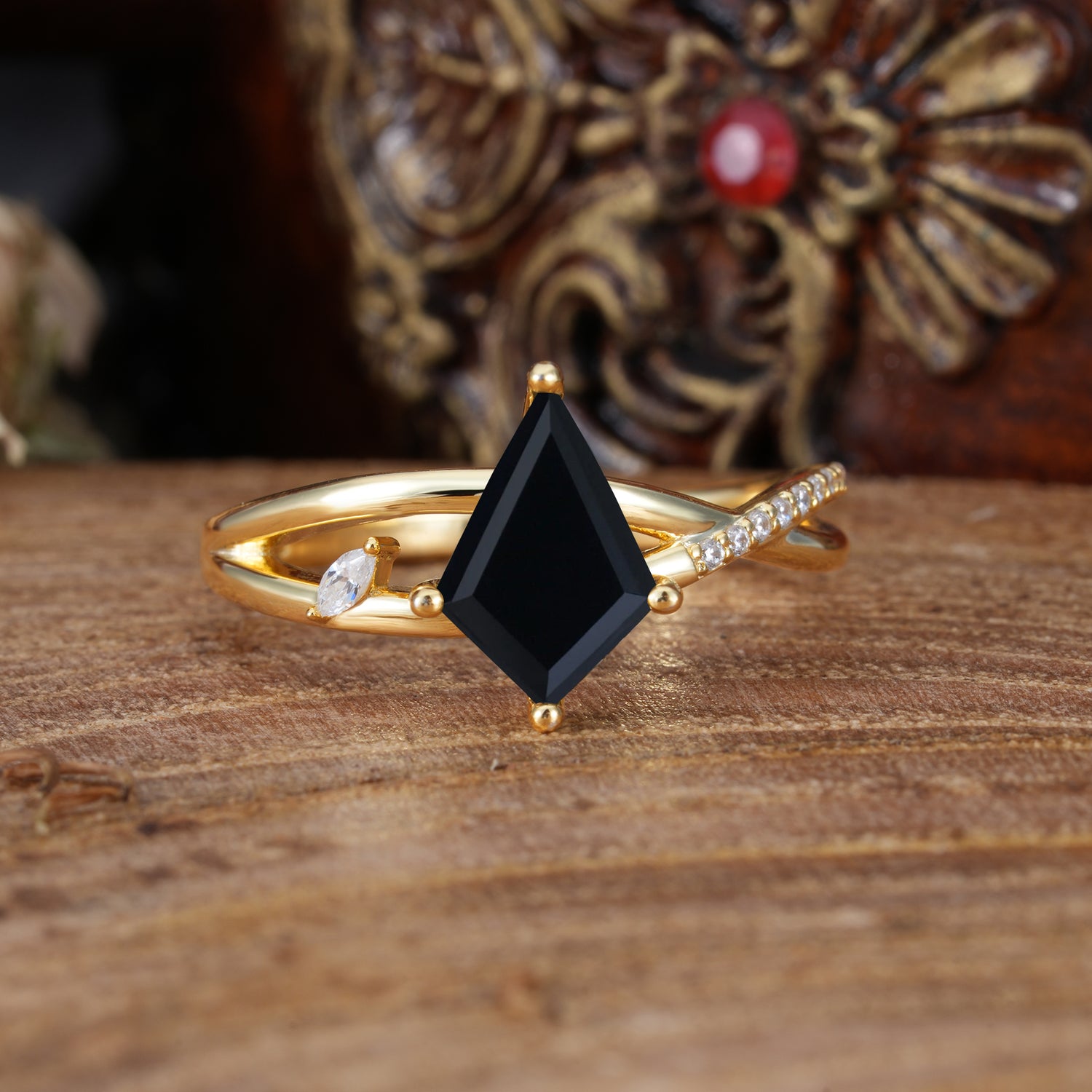 4 Prong Kite Cut 2 Carat Black Onyx Promise Ring Nature Inspired Twisted Leaf Engagement Ring