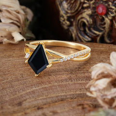 4 Prong Kite Cut 2 Carat Black Onyx Promise Ring Nature Inspired Twisted Leaf Ring