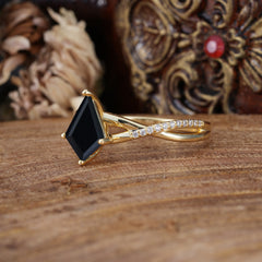 4 Prong Kite Cut 2 Carat Black Onyx Promise Ring Nature Inspired Twisted Leaf Ring