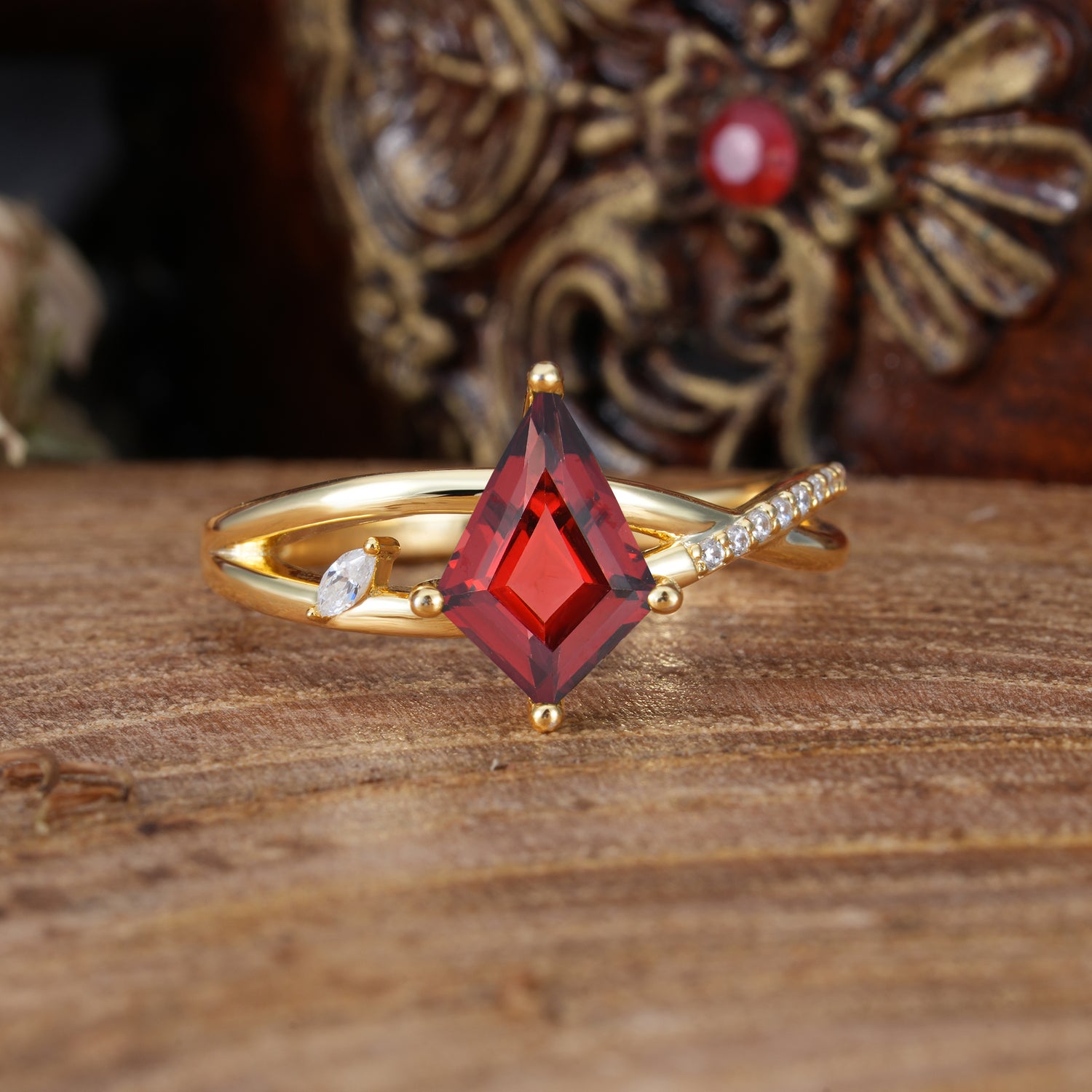 4 Prong Kite Cut 2 Carat Natural Garnet Promise Ring Nature Inspired Twisted Leaf Engagement Ring
