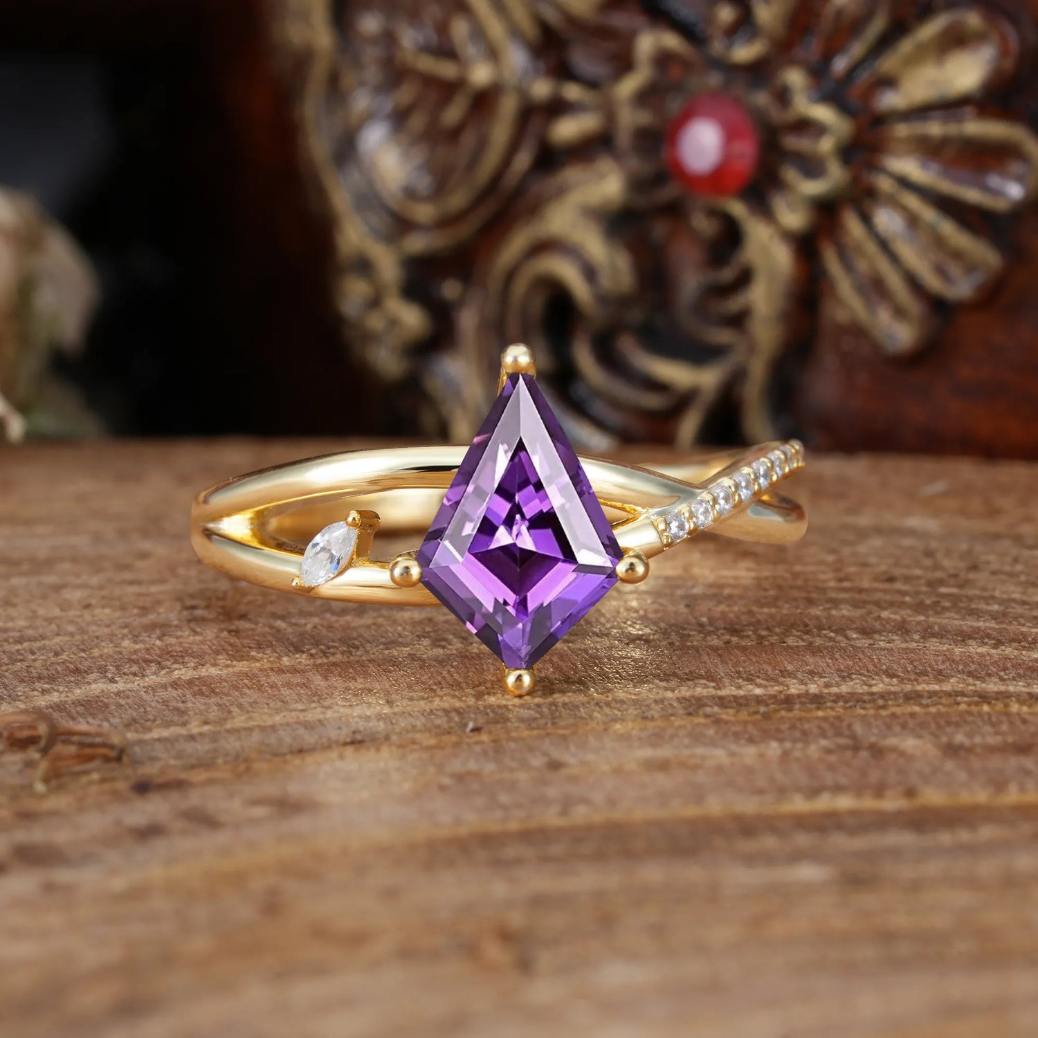 4 Prong Kite Cut 2 Carat Amethyst Promise Ring Nature Inspired Twisted Leaf Engagement Ring