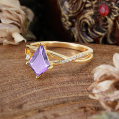 4 Prong Kite Cut 2 Carat Amethyst Promise Ring Nature Inspired Twisted Leaf Ring