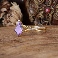 4 Prong Kite Cut 2 Carat Amethyst Promise Ring Nature Inspired Twisted Leaf Ring