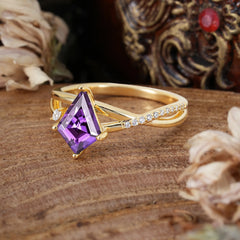 4 Prong Kite Cut 2 Carat Amethyst Promise Ring Nature Inspired Twisted Leaf Ring