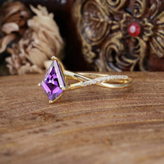 4 Prong Kite Cut 2 Carat Amethyst Promise Ring Nature Inspired Twisted Leaf Ring
