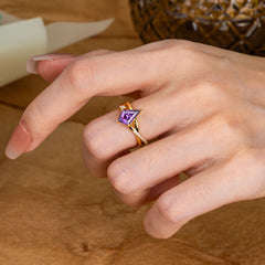 4 Prong Kite Cut 2 Carat Amethyst Promise Ring Nature Inspired Twisted Leaf Ring