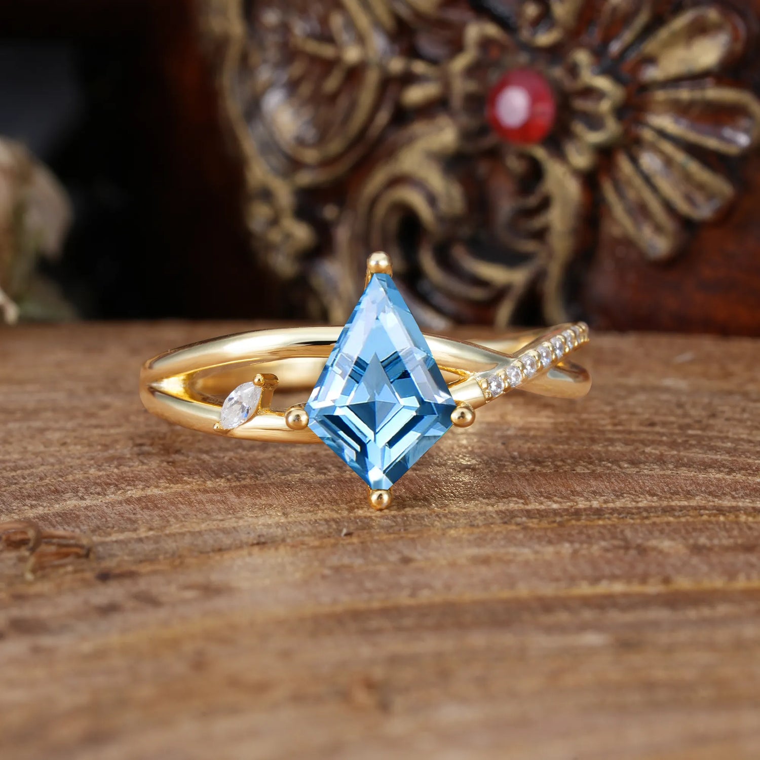 4 Prong Kite Cut 2 Carat Aquamarine Promise Ring Nature Inspired Twisted Leaf Engagement Ring