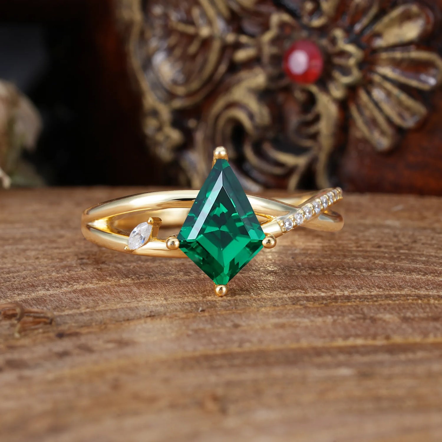 4 Prong Kite Cut 2 Carat Emerald Promise Ring Nature Inspired Twisted Leaf Engagement Ring