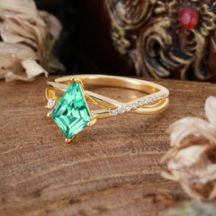 4 Prong Kite Cut 2 Carat Natural Emerald Promise Ring Nature Inspired Twisted Leaf Ring