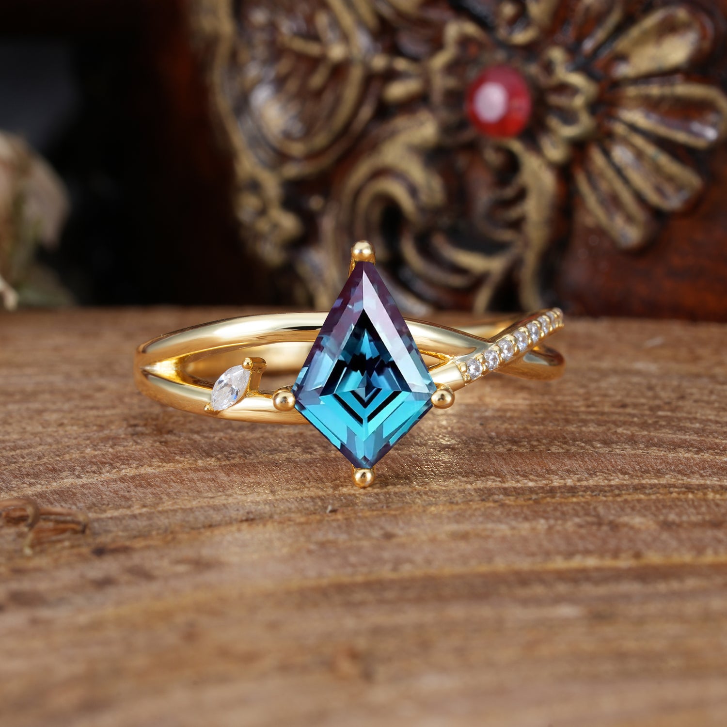 4 Prong Kite Cut 2 Carat Alexandrite Promise Ring Nature Inspired Twisted Leaf Engagement Ring