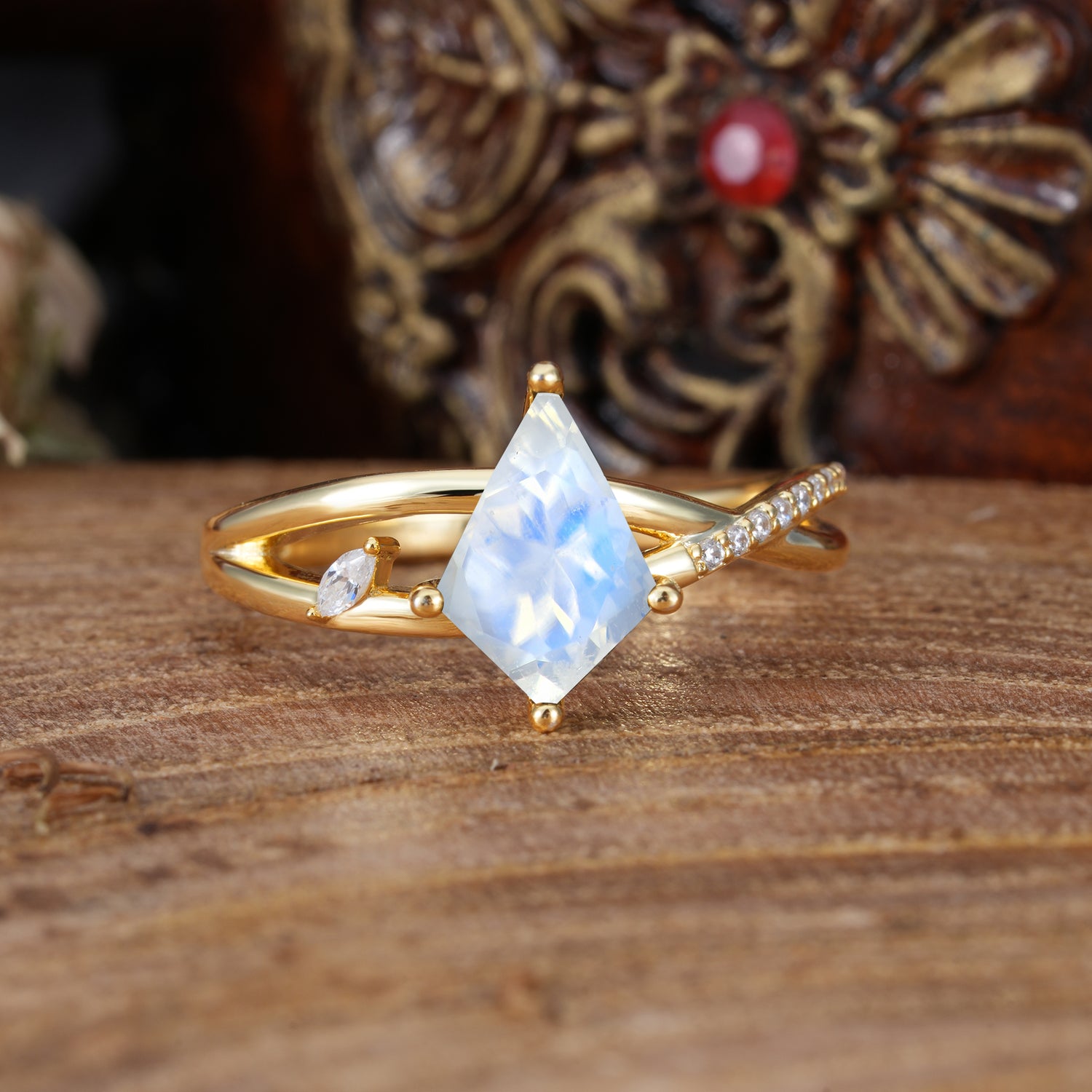 4 Prong Kite Cut 2 Carat Moonstone Promise Ring Nature Inspired Twisted Leaf Engagement Ring