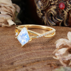 4 Prong Kite Cut 2 Carat Moonstone Promise Ring Nature Inspired Twisted Leaf Ring