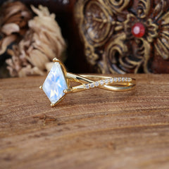 4 Prong Kite Cut 2 Carat Moonstone Promise Ring Nature Inspired Twisted Leaf Ring