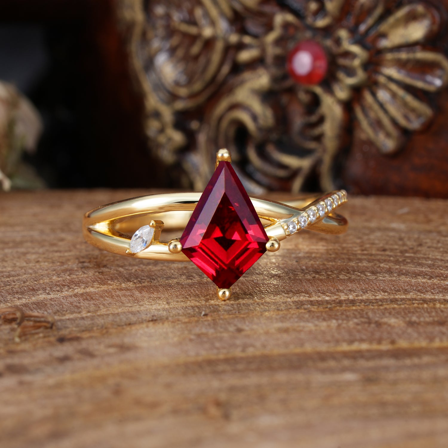 4 Prong Kite Cut 2 Carat Ruby Promise Ring Nature Inspired Twisted Leaf Engagement Ring