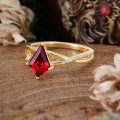 4 Prong Kite Cut 2 Carat Natural Ruby Promise Ring Nature Inspired Twisted Leaf Ring