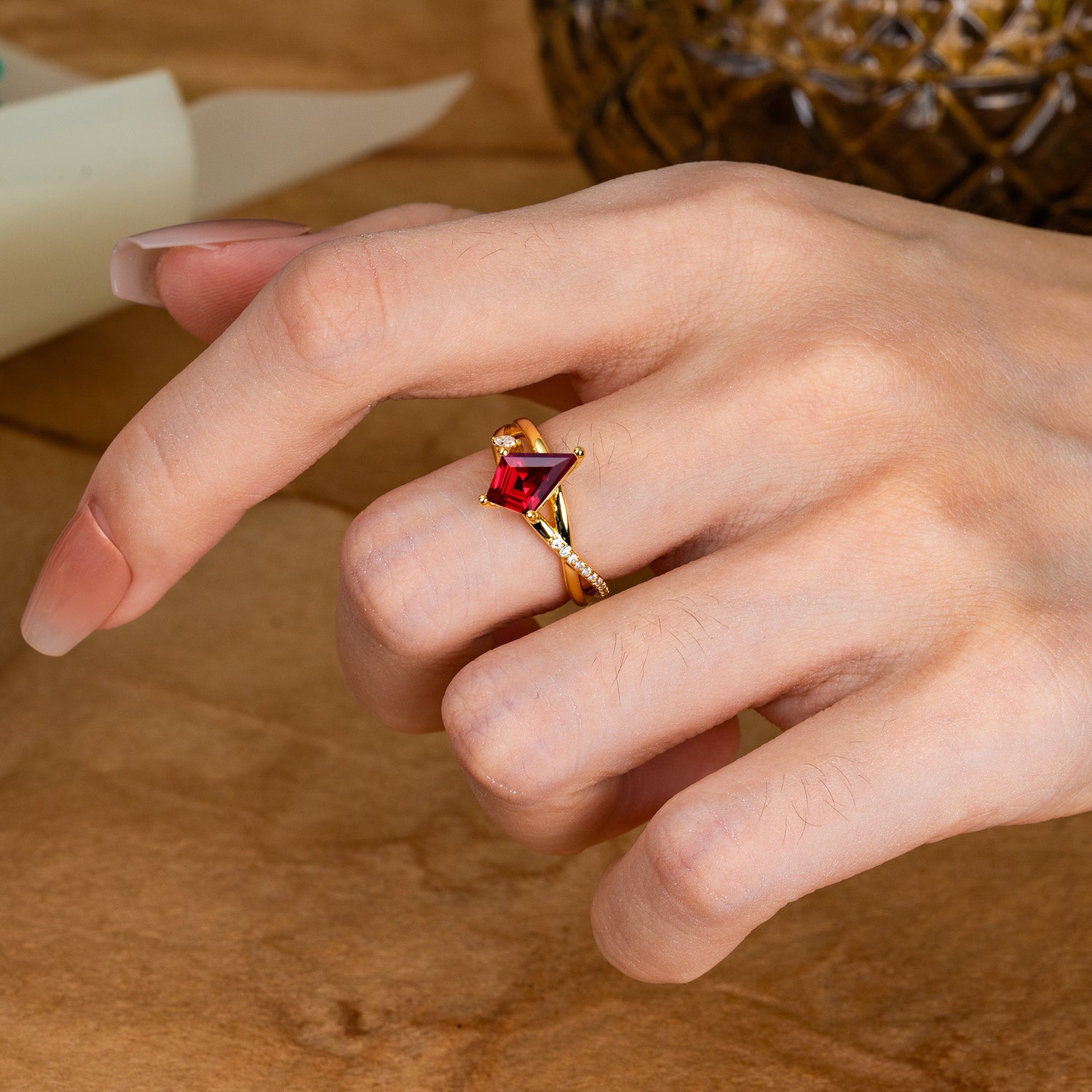 4 Prong Kite Cut 2 Carat Ruby Promise Ring Nature Inspired Twisted Leaf Engagement Ring