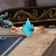 Nature Inspired Leaf Twisted Infinity Ring Kite Cut 2 Carat 6-Prong Natural Turquoise Bridal Ring