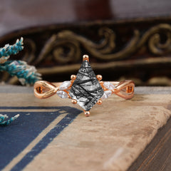 Nature Inspired Leaf Twisted Infinity Ring Kite Cut 2 Carat 6-Prong Natural  Black Rutilated Quartz Bridal Ring