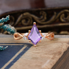 Nature Inspired Leaf Twisted Infinity Ring Kite Cut 2 Carat 6-Prong Amethyst Bridal Ring