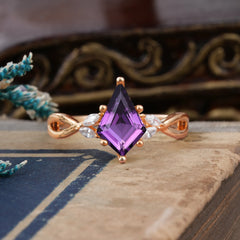 Nature Inspired Leaf Twisted Infinity Ring Kite Cut 2 Carat 6-Prong Amethyst Bridal Ring