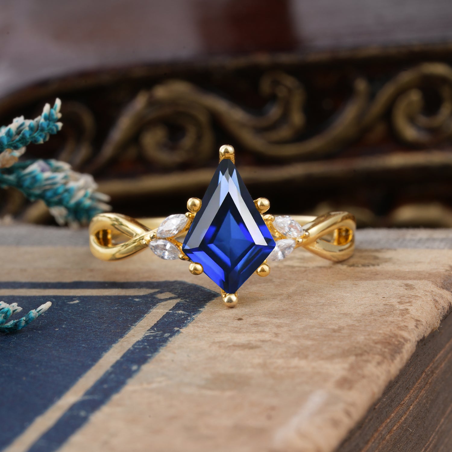 Vintage Kite Cut Sapphire Engagement Ring with Twisted Band and Marquise Accents - Romalar Jewelry
