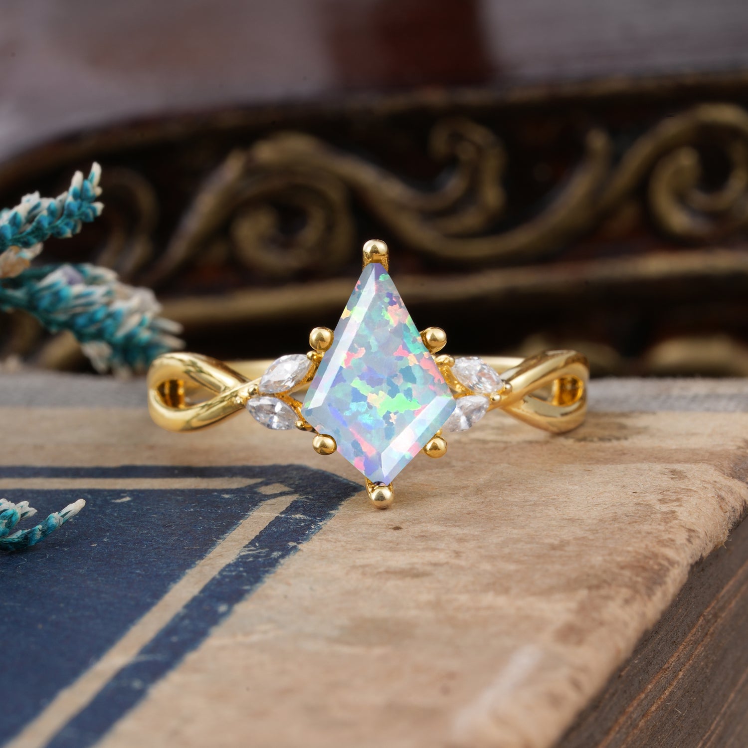 Nature Inspired Leaf Twisted Infinity Ring Kite Cut 2 Carat 6-Prong Opal Bridal Engagement Ring