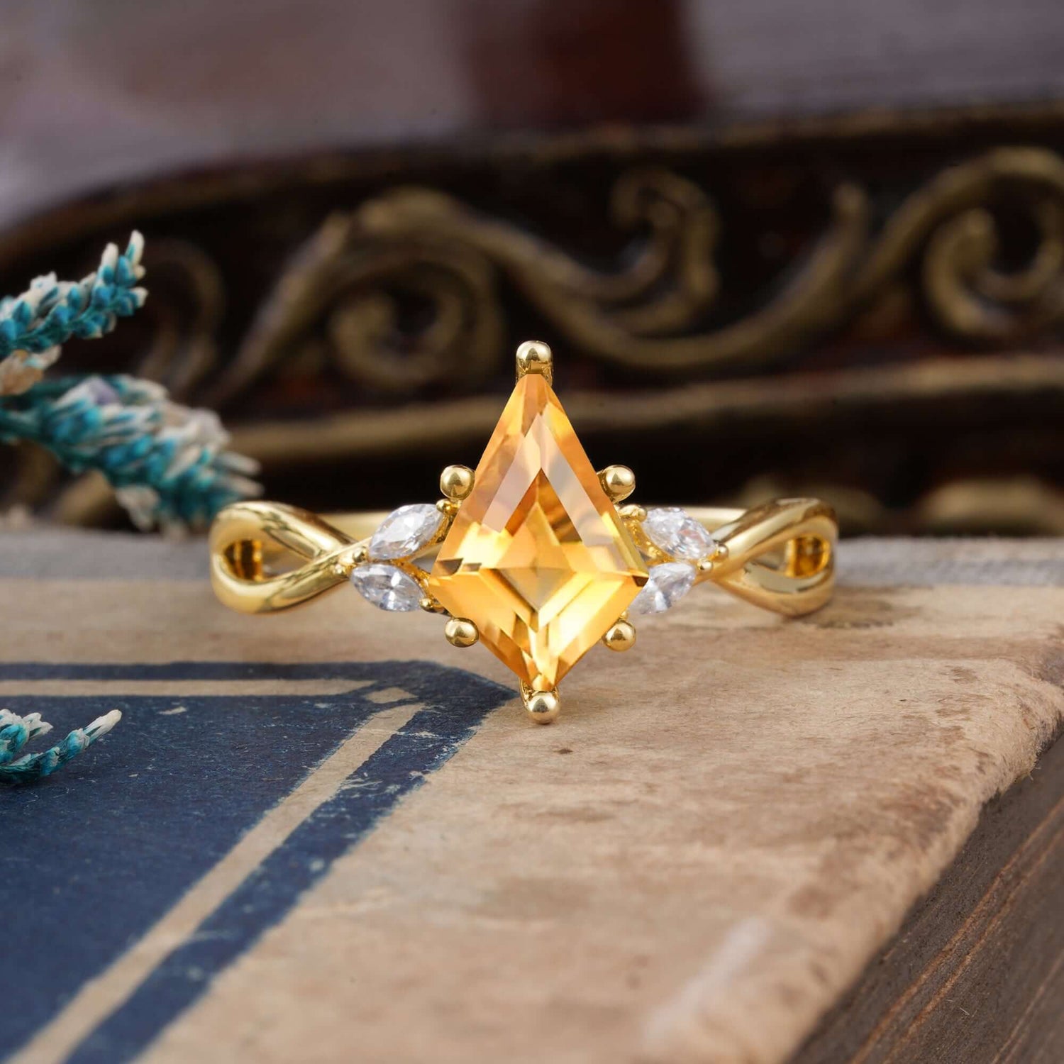 Nature Inspired Leaf Twisted Infinity Engagement Ring  Kite Cut 2 Carat 6-Prong Citrine Bridal Ring