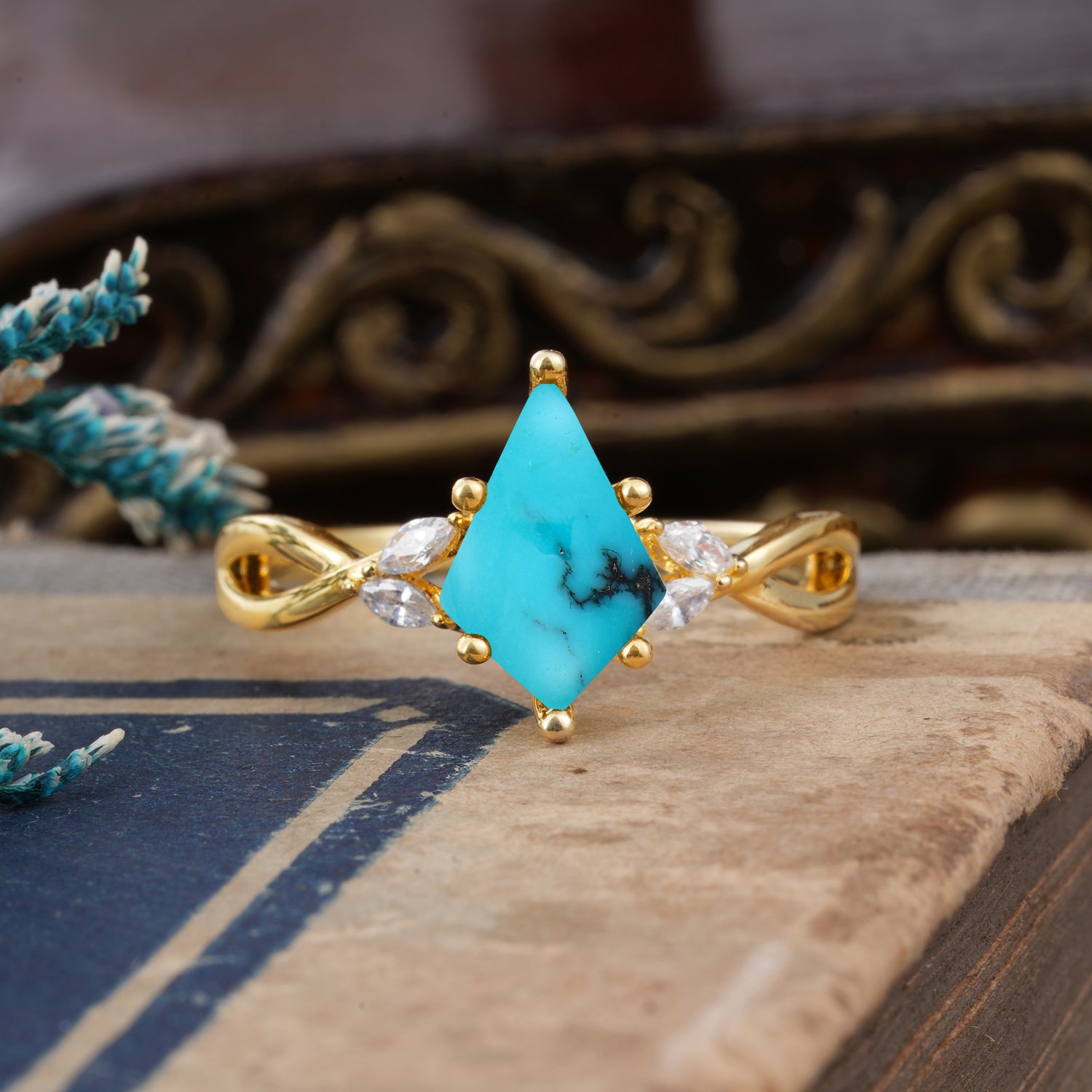 Nature Inspired Leaf Twisted Infinity Ring Kite Cut 2 Carat 6-Prong Turquoise Bridal Engagement Ring