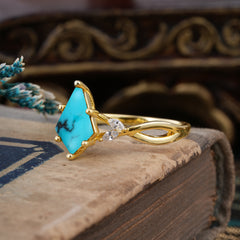 Nature Inspired Leaf Twisted Infinity Ring Kite Cut 2 Carat 6-Prong Natural Turquoise Bridal Ring