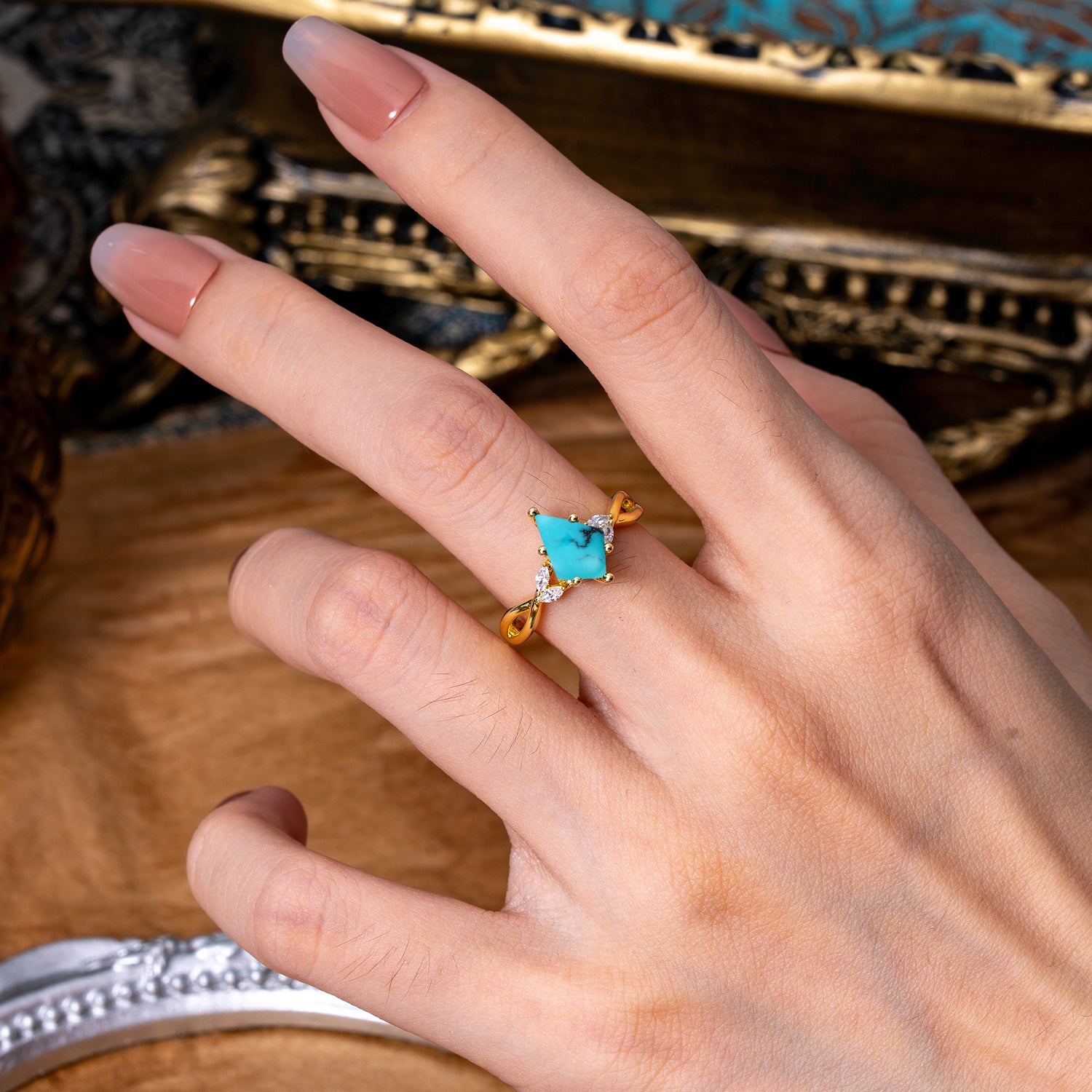 Nature Inspired Leaf Twisted Infinity Ring Kite Cut 2 Carat 6-Prong Turquoise Bridal Engagement Ring
