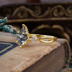 Nature Inspired Leaf Twisted Infinity Ring Kite Cut 2 Carat 6-Prong Natural  Black Rutilated Quartz Bridal Ring