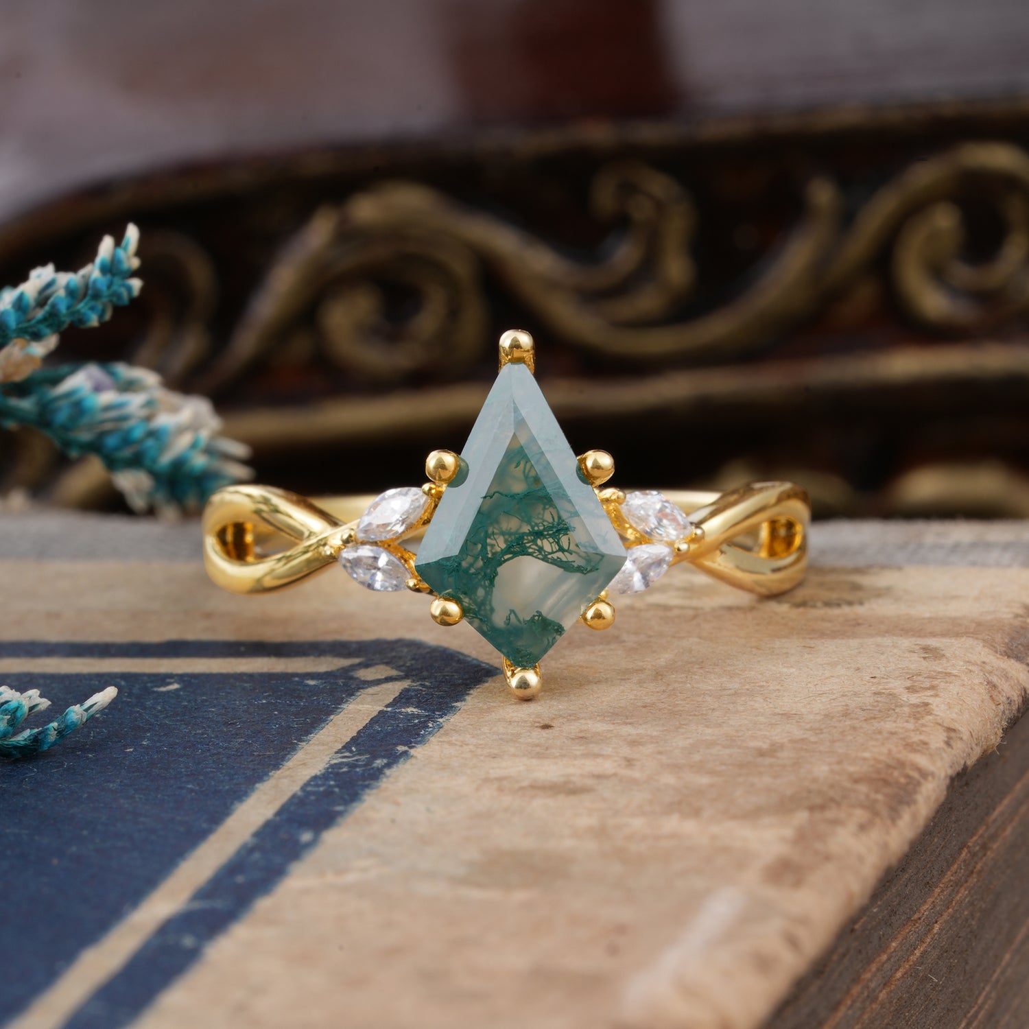 Nature Inspired Leaf Twisted Infinity Ring Kite Cut 2 Carat 6-Prong Natural Moss Agate Bridal Engagement Ring