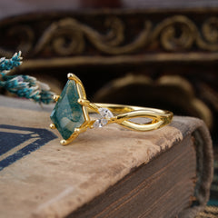 Nature Inspired Leaf Twisted Infinity Ring Kite Cut 2 Carat 6-Prong Natural Moss Agate Bridal Ring