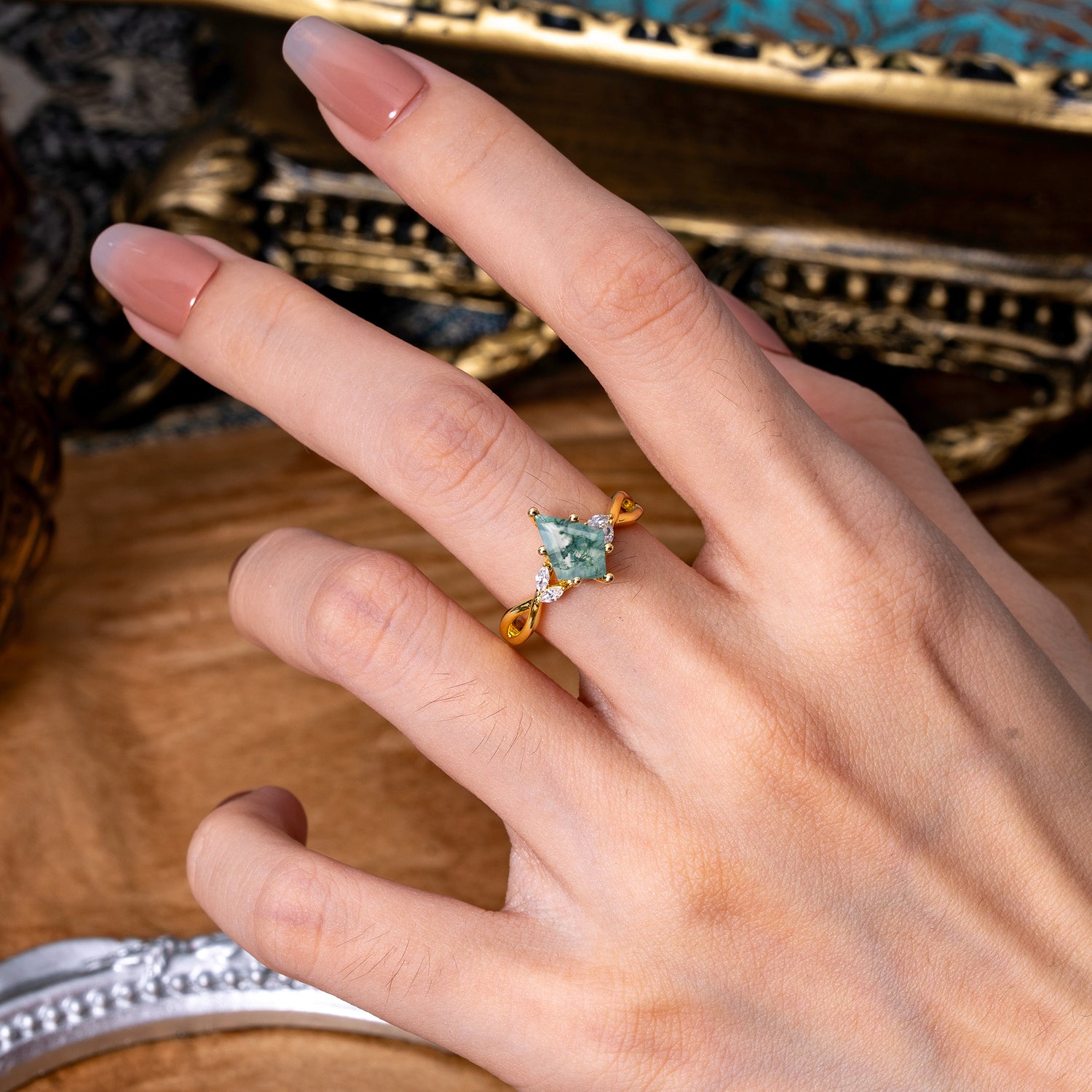 Nature Inspired Leaf Twisted Infinity Ring Kite Cut 2 Carat 6-Prong Natural Moss Agate Bridal Engagement Ring