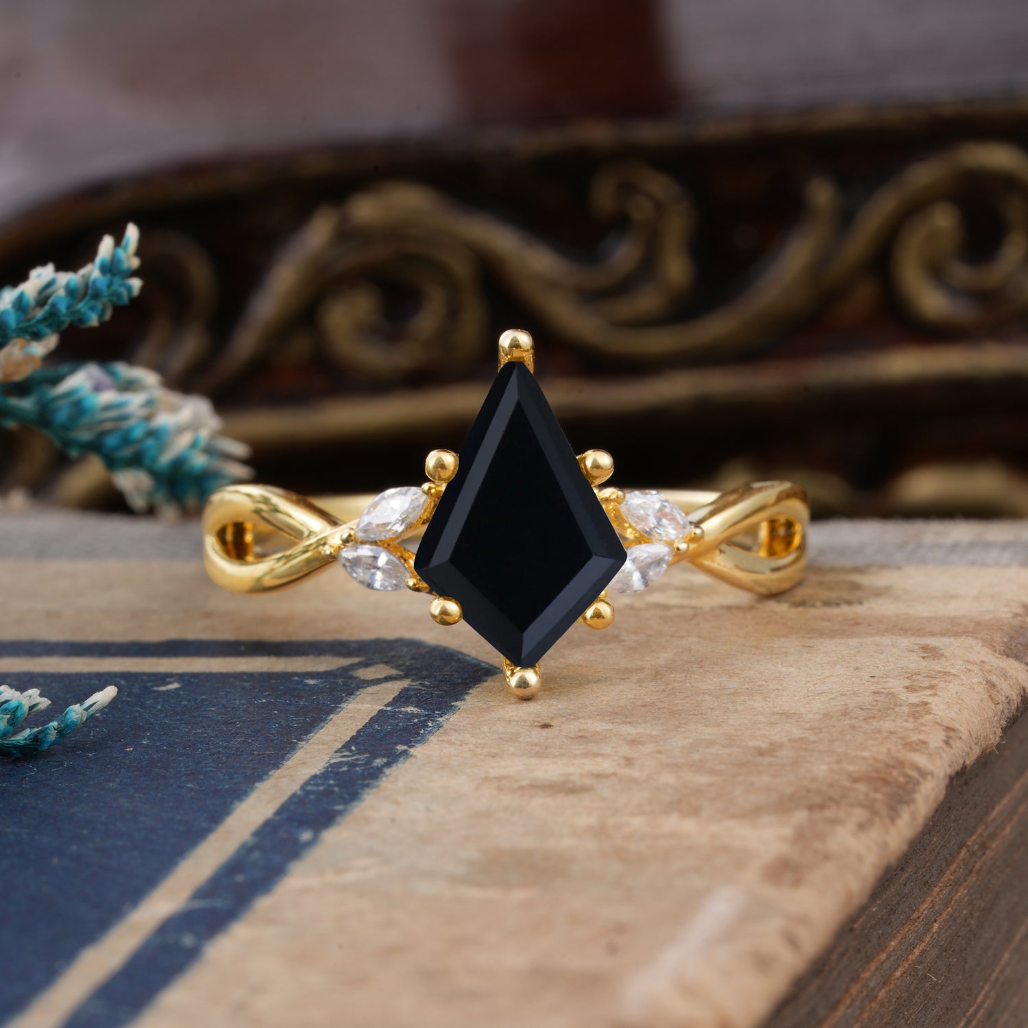 Vintage Kite Cut Black Onyx Engagement Ring with Twisted Band and Marquise Accents - Romalar Jewelry