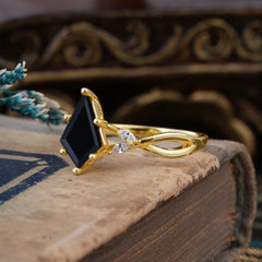 Nature Inspired Leaf Twisted Infinity Ring Kite Cut 2 Carat 6-Prong Black Onyx Bridal Ring