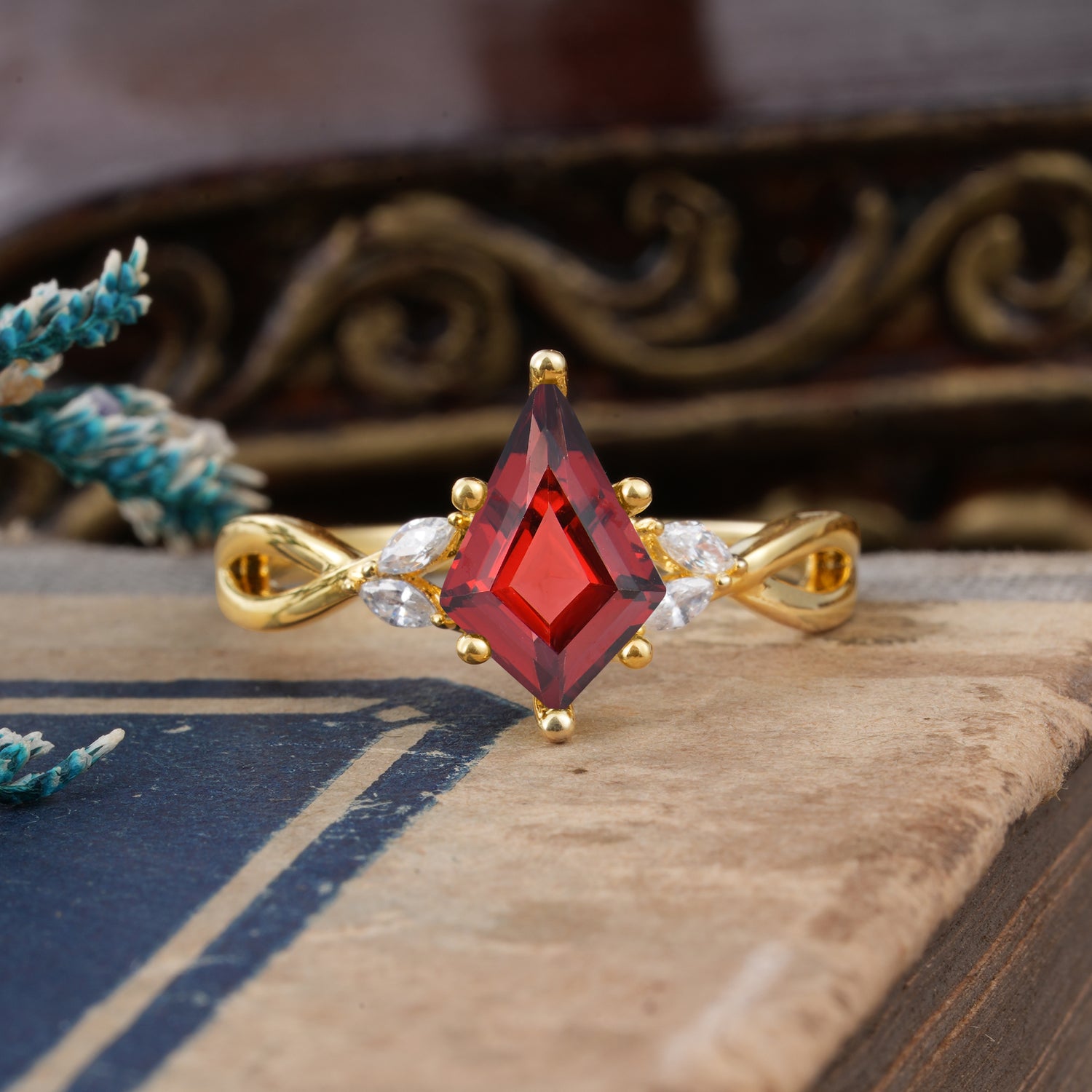 Nature Inspired Leaf Twisted Infinity Ring Kite Cut 2 Carat 6-Prong Bridal Garnet Engagement Ring - Romalar Jewelry