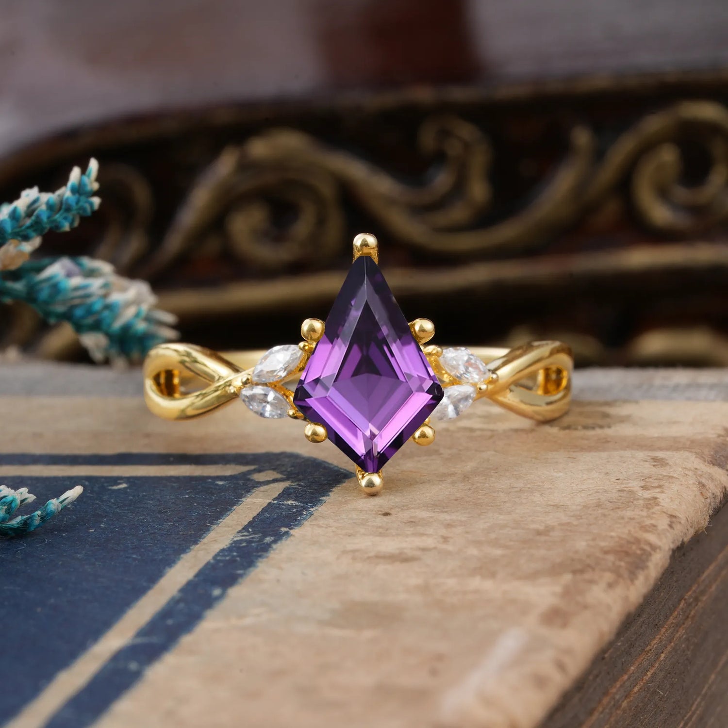 Nature Inspired Leaf Twisted Infinity Ring Kite Cut 2 Carat 6-Prong Amethyst Bridal Engagement Ring