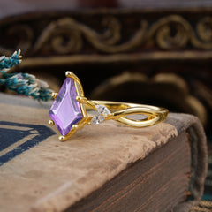 Nature Inspired Leaf Twisted Infinity Ring Kite Cut 2 Carat 6-Prong Amethyst Bridal Ring