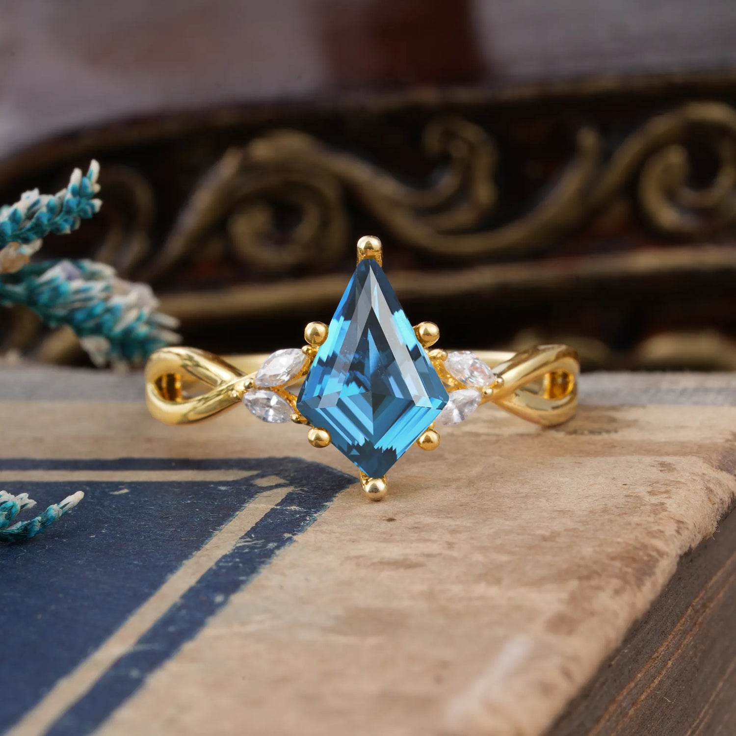 Nature Inspired Leaf Twisted Infinity Ring Kite Cut 2 Carat 6-Prong Aquamarine Bridal Engagement Ring