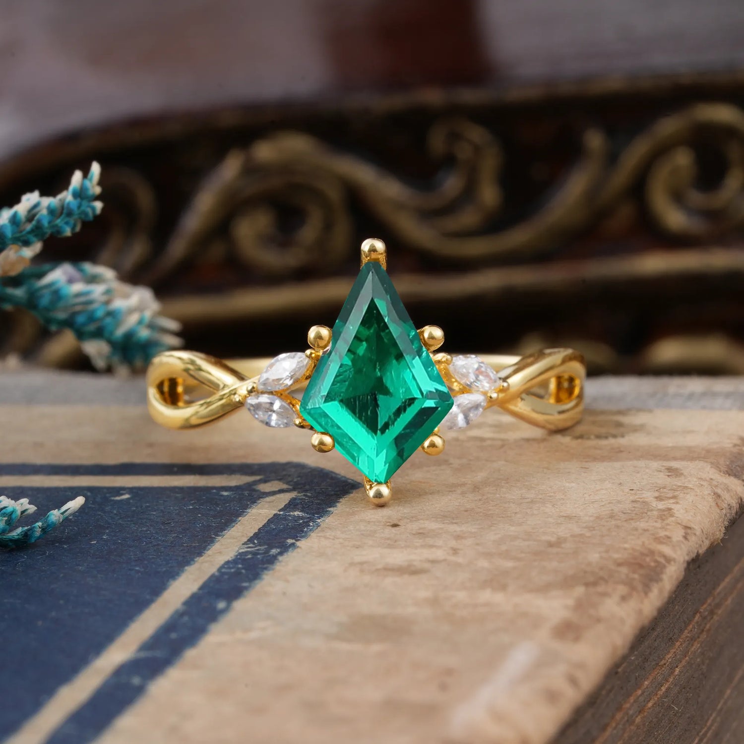 Nature Inspired Leaf Twisted Infinity Ring Kite Cut 2 Carat 6-Prong Emerald Bridal Engagement Ring - Romalar Jewelry