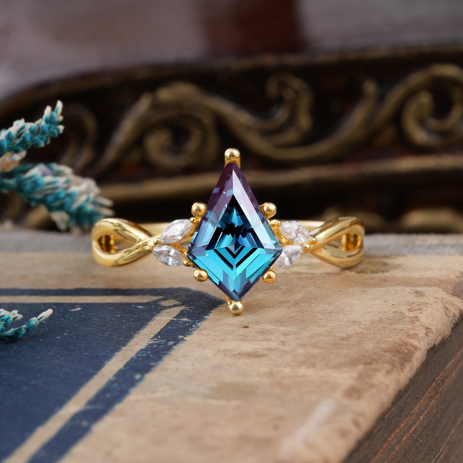 Nature Inspired Leaf Twisted Infinity Ring Kite Cut 2 Carat 6-Prong Alexandrite Bridal Engagement Ring