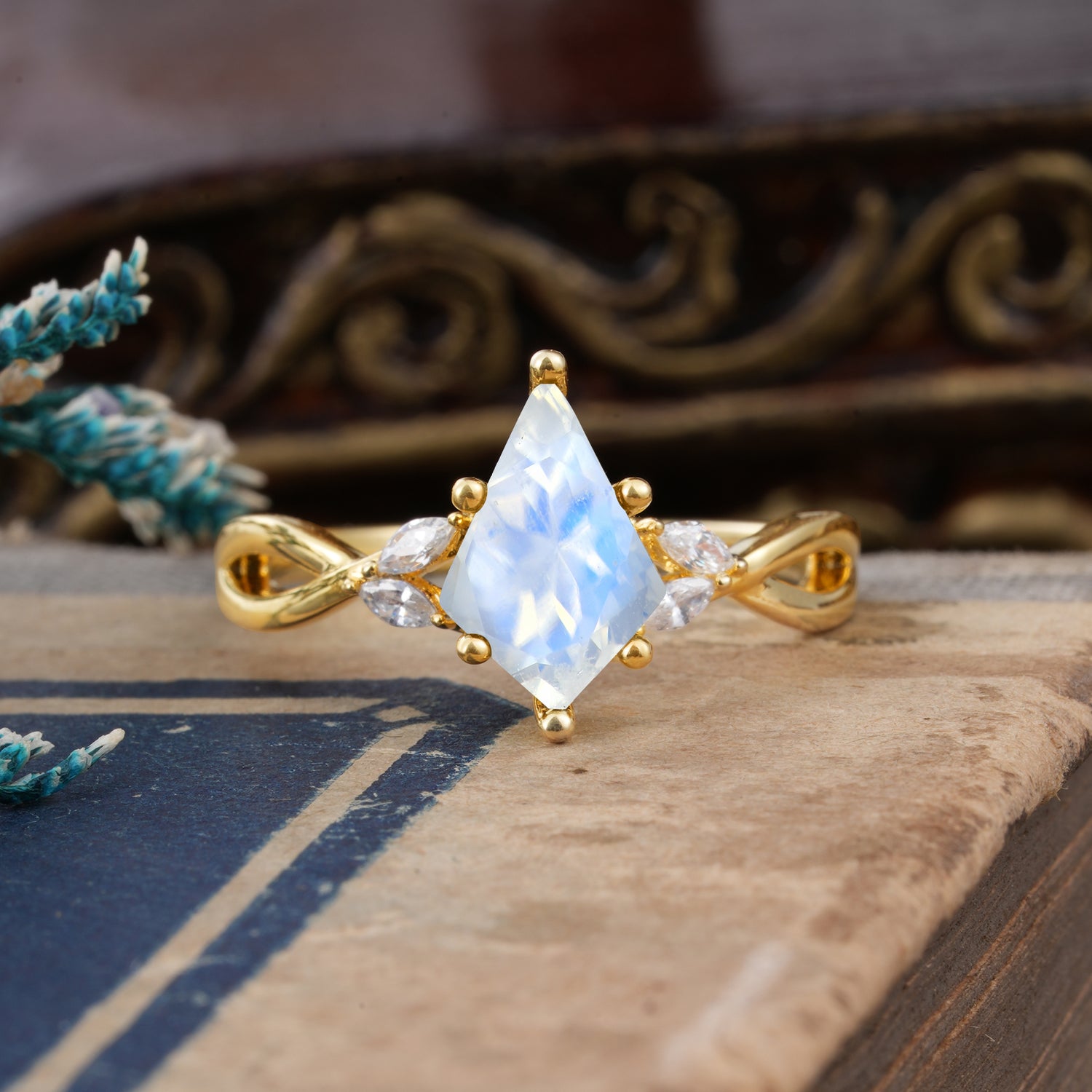 Nature Inspired Leaf Twisted Infinity Ring Kite Cut 2 Carat 6-Prong Moonstone Bridal Engagement Ring - Romalar Jewelry