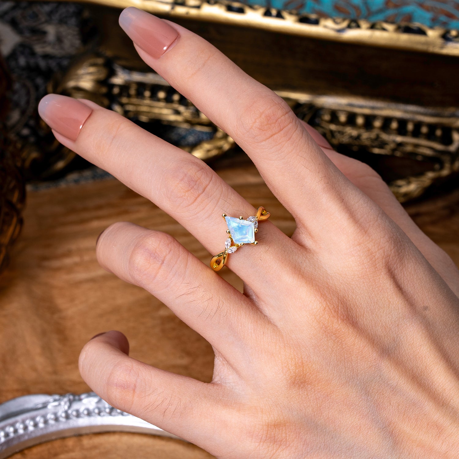 Nature Inspired Leaf Twisted Infinity Ring Kite Cut 2 Carat 6-Prong Moonstone Bridal Engagement Ring - Romalar Jewelry