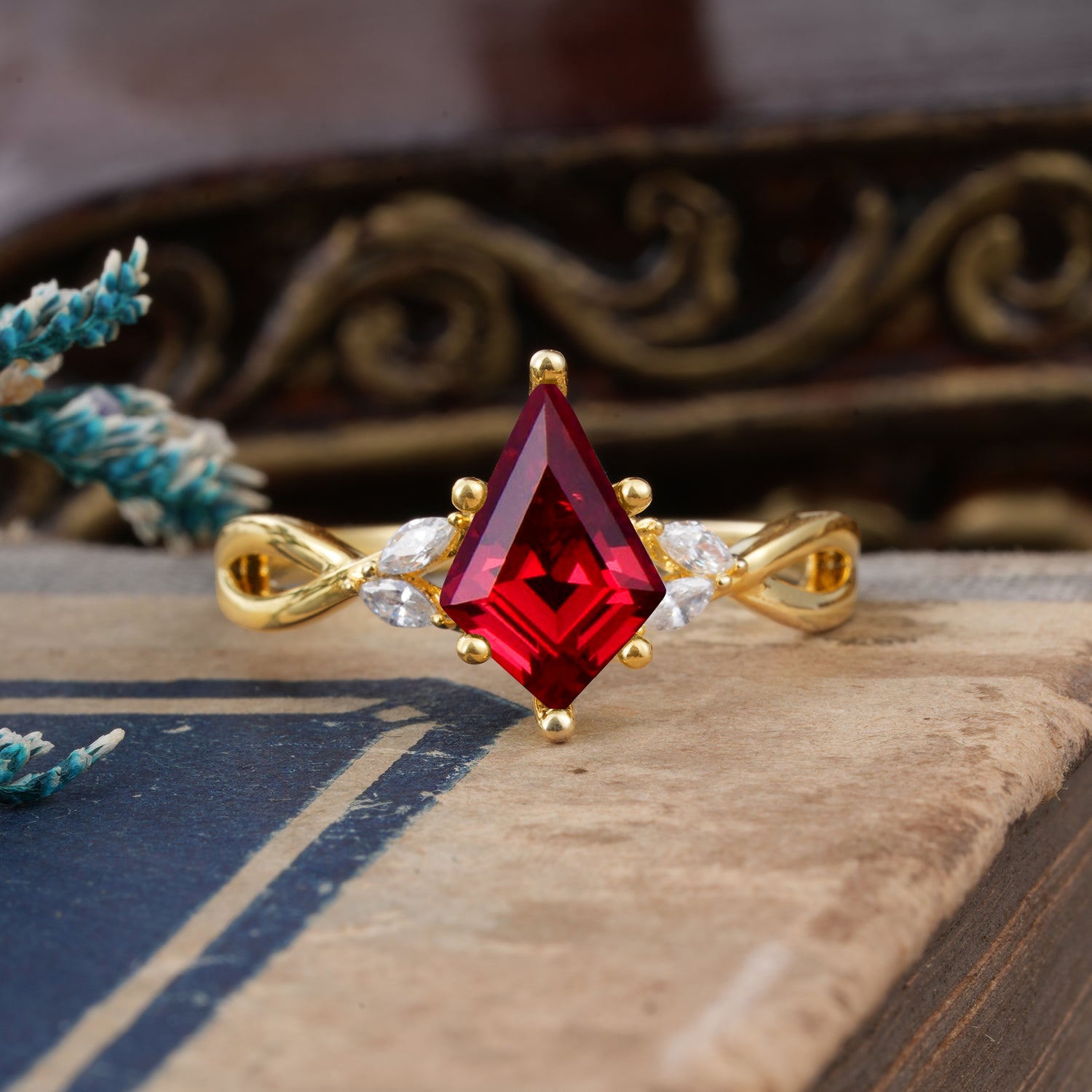 Nature Inspired Leaf Twisted Infinity Ring Kite Cut 2 Carat 6-Prong Bridal Ruby Engagement Ring