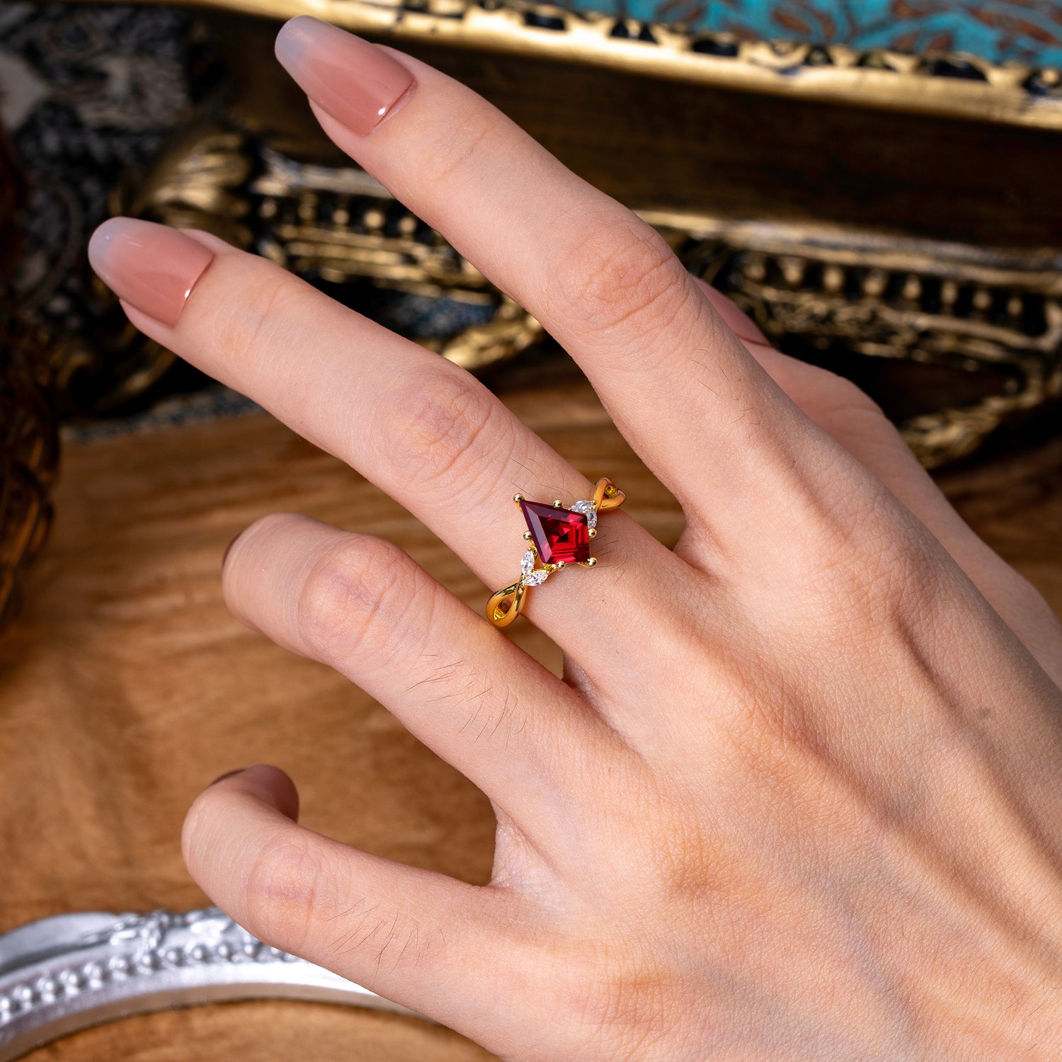 Nature Inspired Leaf Twisted Infinity Ring Kite Cut 2 Carat 6-Prong Bridal Ruby Engagement Ring