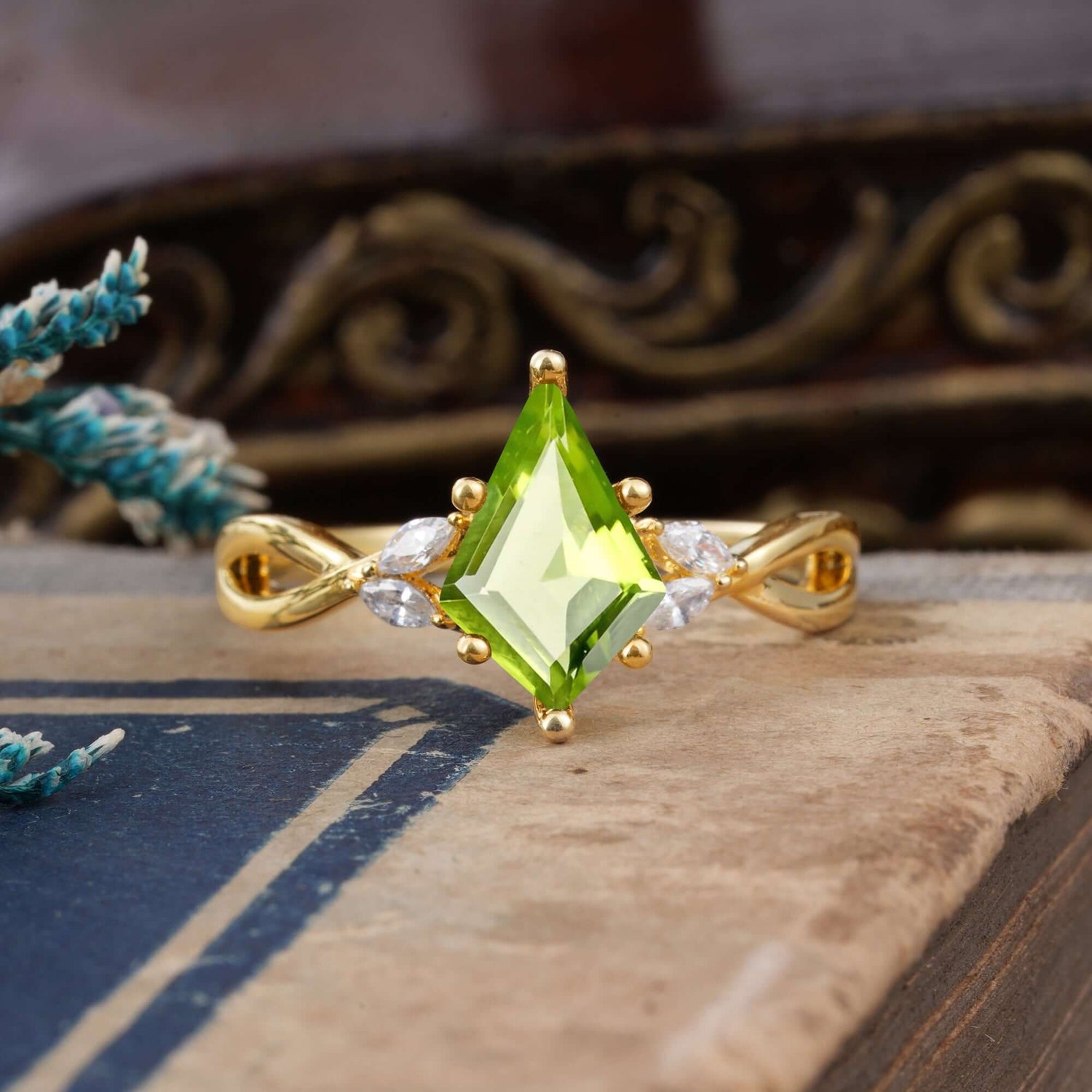 Nature Inspired Leaf Twisted Infinity Ring Kite Cut 2 Carat 6-Prong Peridot Bridal Engagement Ring