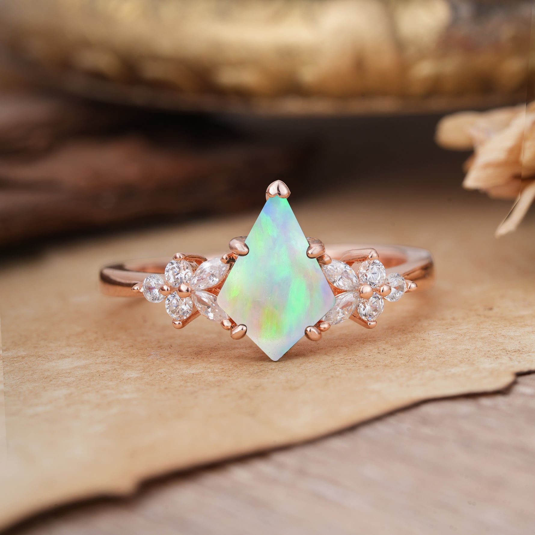 Blossom Kite Cut 2 Carat Fire Opal Ring Nature Inspired Cluster Leaf Ring     - Additional view