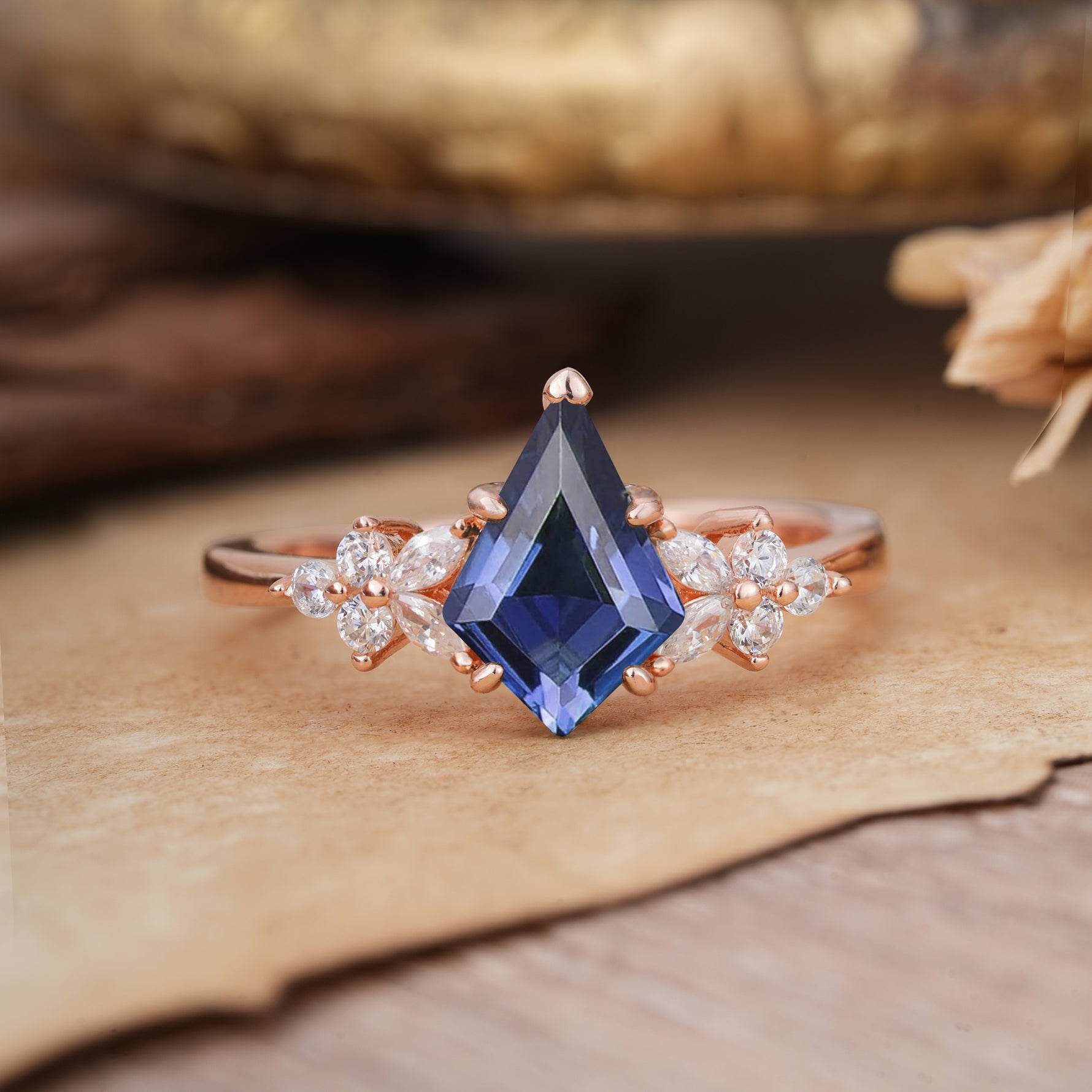 Blossom Kite Cut 2 Carat Tanzanite Ring Nature Inspired Cluster Leaf Ring     - Additional view