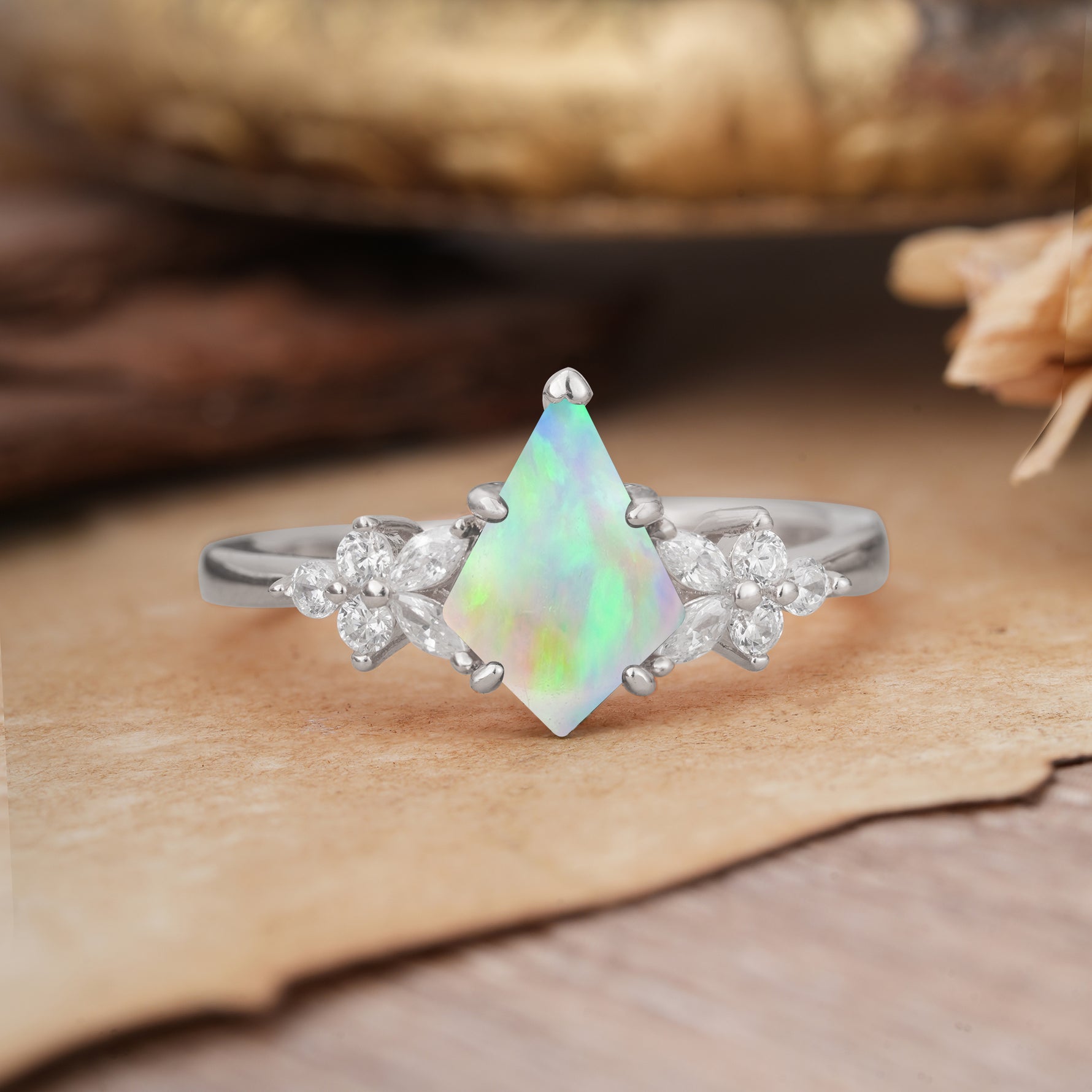 Blossom Kite Cut 2 Carat Fire Opal Ring Nature Inspired Cluster Leaf Ring     - Additional view